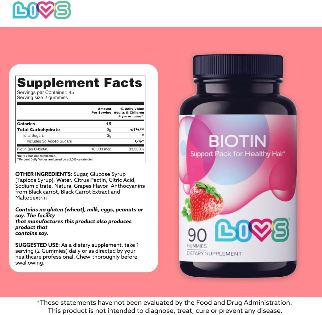 LIVS Biotin Gummies 10000 mcg - Gominolas de Biotina para Cabello, Piel y Uñas - Sabor Natural a Uva - Vegano, Sin Gluten - 90 Unidades