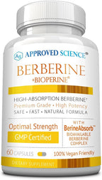 Approved Science Berberina 1000mg - Suplemento de Berberina de Alta Absorción con BioPerina - 60 Cápsulas - 1 Mes de Suministro - Vegano