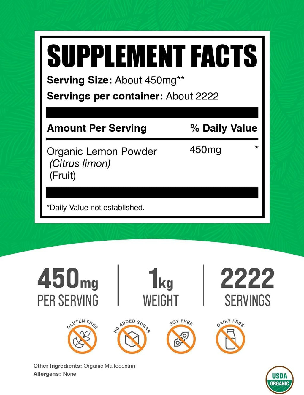 BulkSupplements Polvo de Limón Orgánico - Fuente Natural de Vitamina C, Sin Gluten, 1 kg