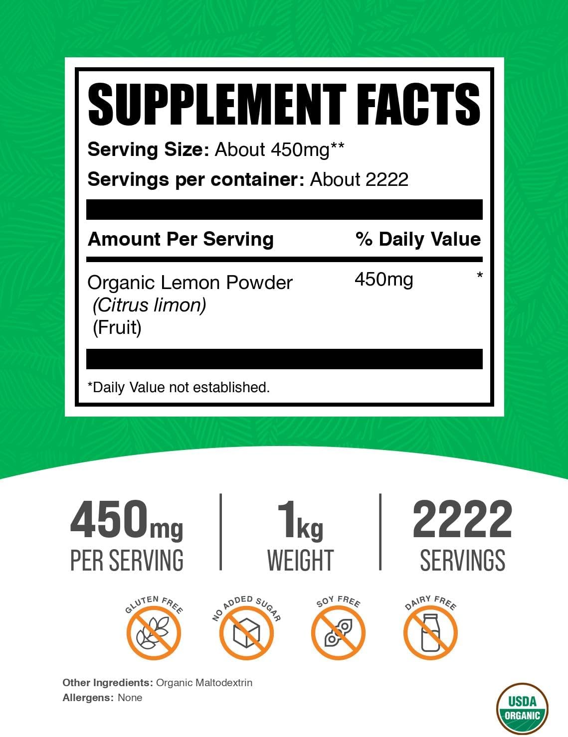 BulkSupplements Polvo de Limón Orgánico - Fuente Natural de Vitamina C, Sin Gluten, 1 kg