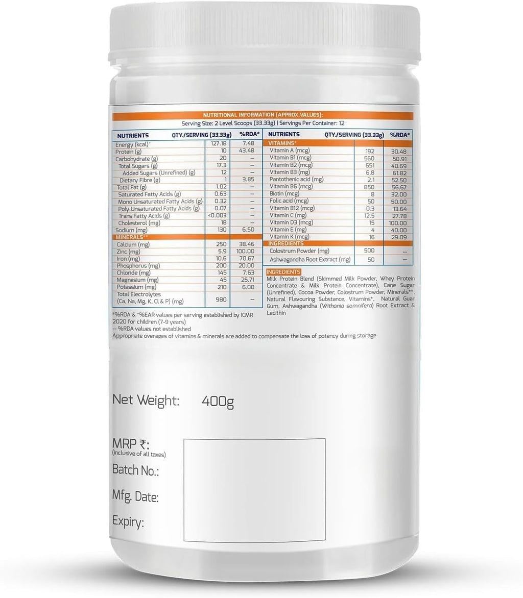 Supermilk Height+ para niños de 8 a 12 años, bebida saludable en polvo, alto contenido proteico con calcio + D3, 21 vitaminas y minerales, sin azúcar refinado, chocolate doble natural, 400 g