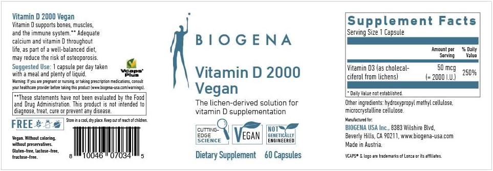 Biogena Vitamina D3 2000 UI Vegana - Complemento Alimenticio con Vitamina D de Líquenes - 60 Cápsulas