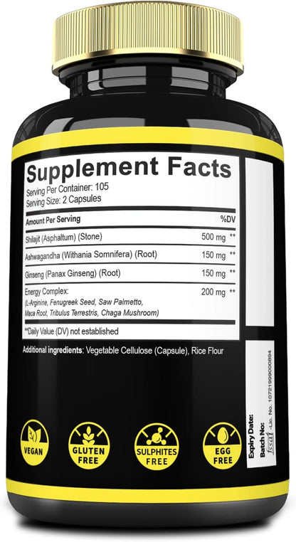 9in1 Shilajit Puro del Himalaya con Ashwagandha, Ginseng, L-Arginina y más - 210 Cápsulas