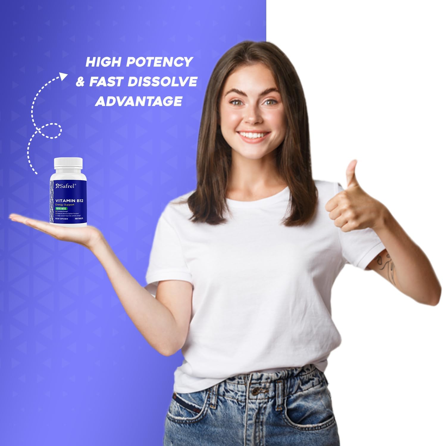 Safrel Vitamina B12 1000 mcg - 200 Comprimidos - Vegano, Sin Gluten, Sin Colorantes