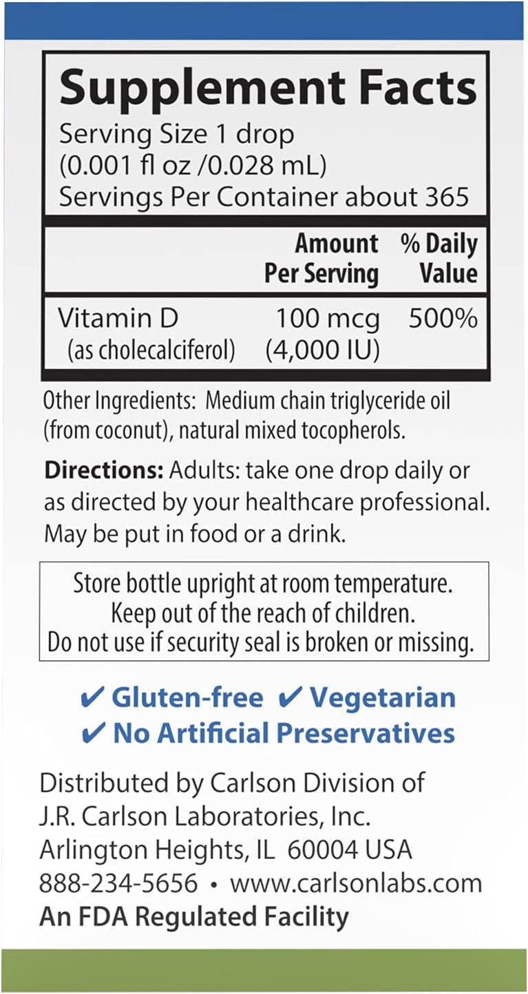Carlson Super Daily D3 4,000 UI (100 mcg), 365 Drops, Unflavored