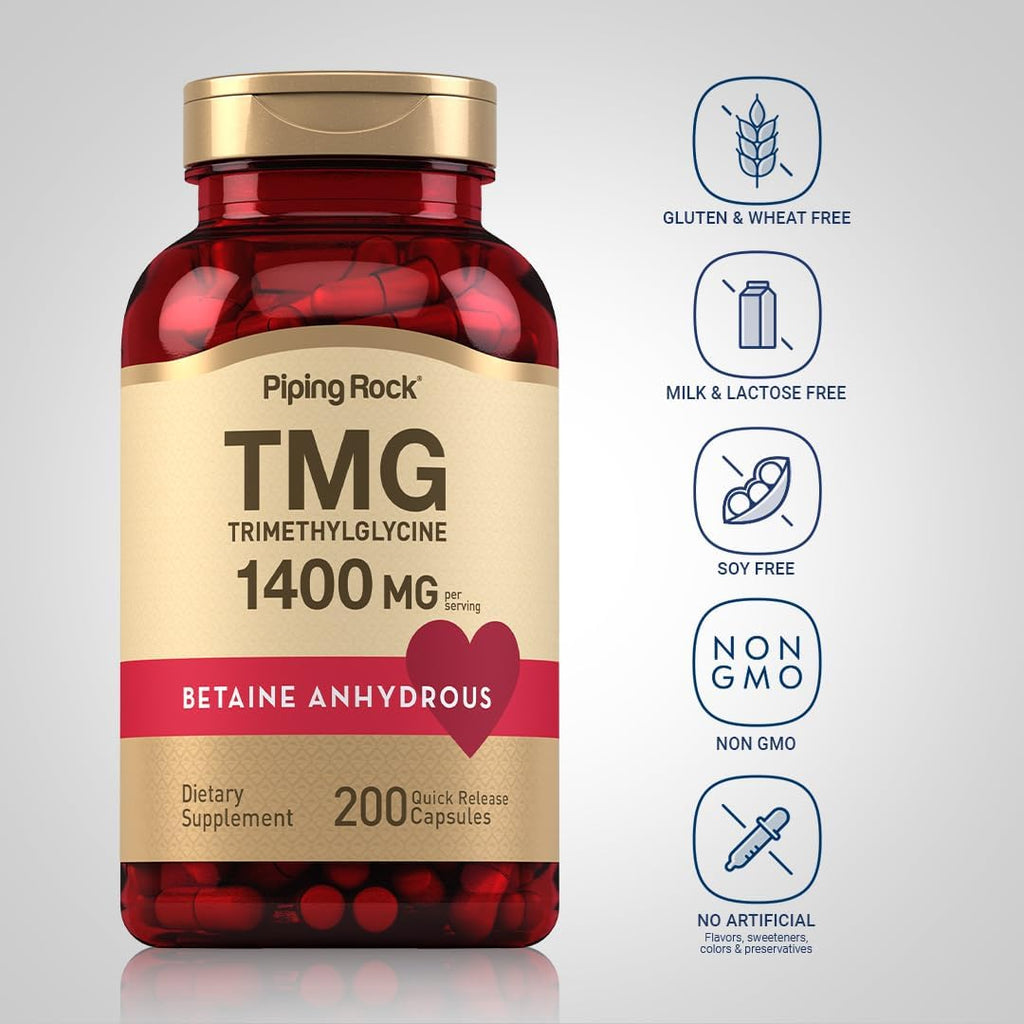 Piping Rock TMG Trimethylglycine | 1400 mg | 200 Cápsulas | Betaine Anhydrous Supplement | No Transgénico, Sin Gluten