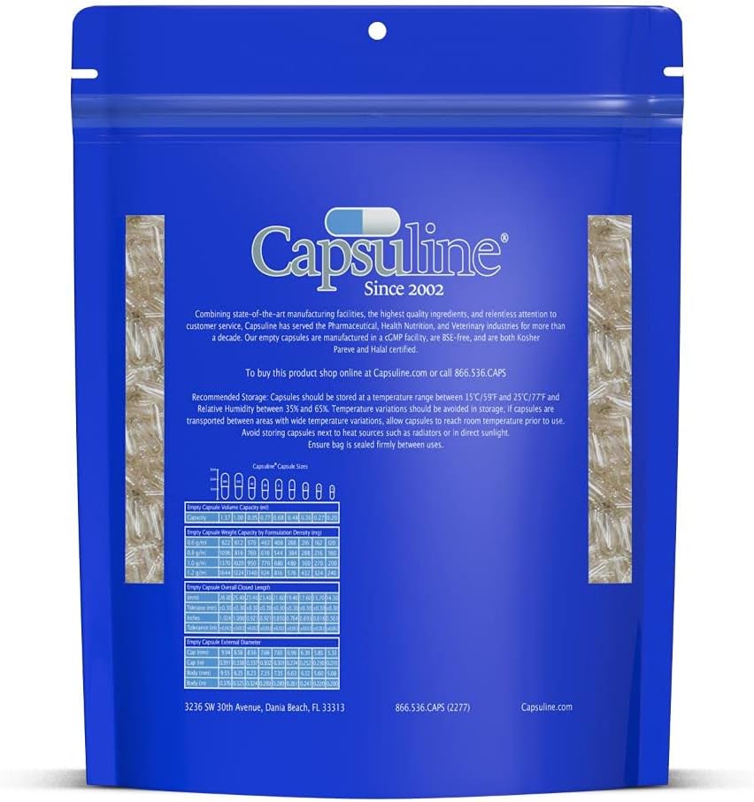 Capsuline Cápsulas de Gelatina Vacías Tamaño 00 - Claras, Kosher, Halal, No OGM (500 uds)