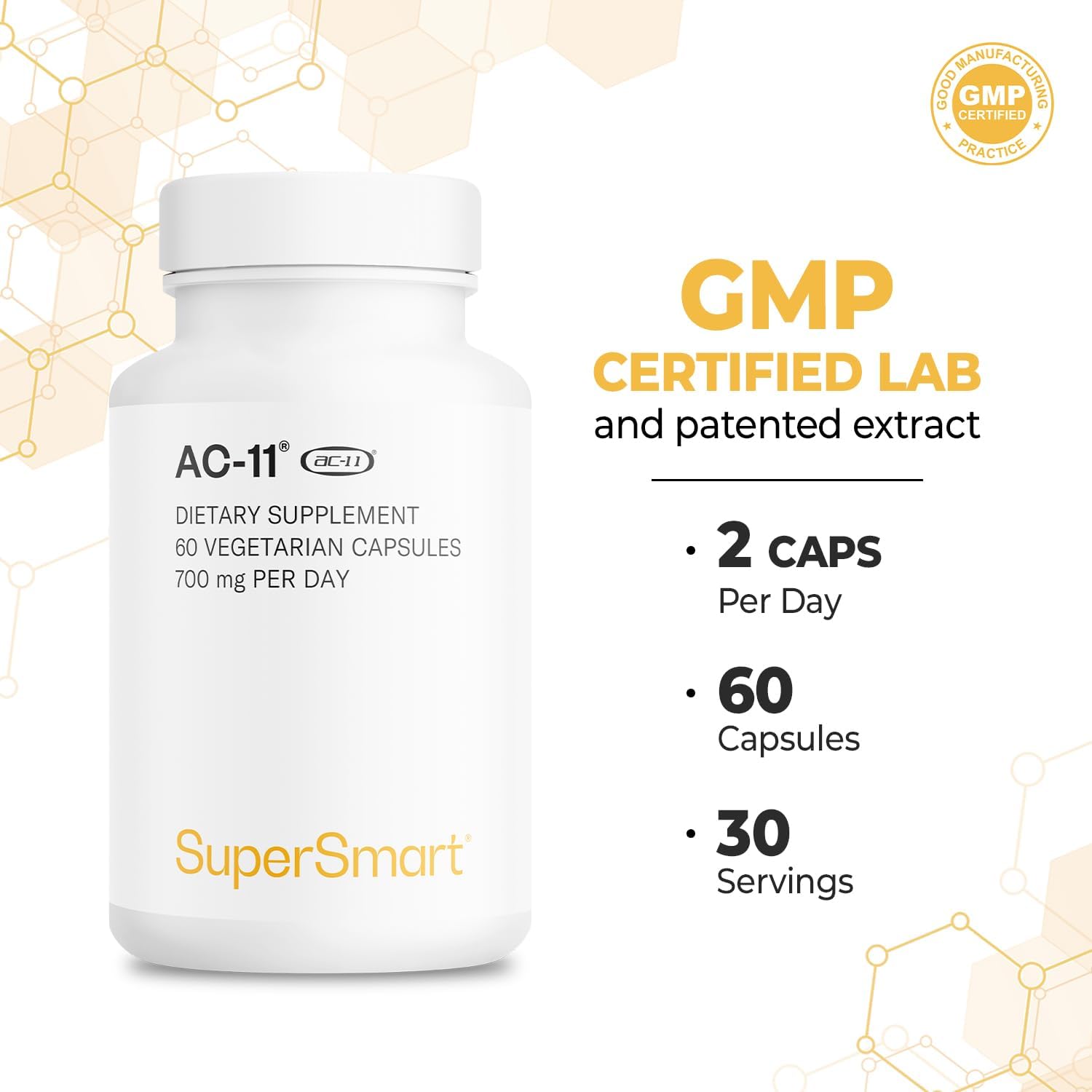 Supersmart AC-11 Suplemento 700mg al Día (Extracto de Uña de Gato) - Corteza de Uncaria Tomentosa | No Transgénico y Sin Gluten - 60 Cápsulas Vegetarianas