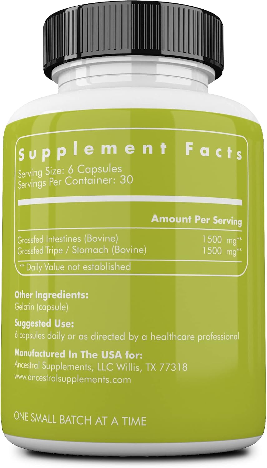 Ancestral Supplements Intestinos de Ternera con Tripa (Estómago), 3000mg, 180 Cápsulas