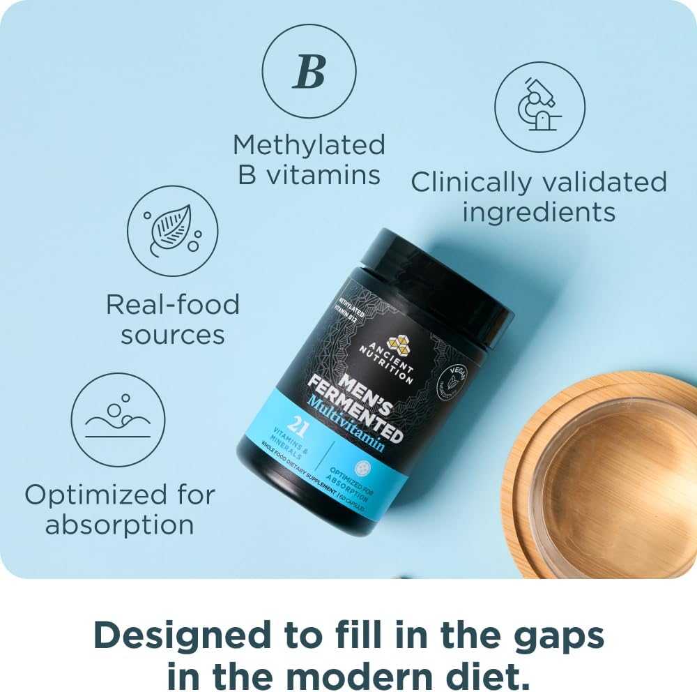 Ancient Nutrition Multivitamínico para Hombres, Multivitamínico Fermentado con Vitaminas Metiladas A, C, D, E, K, Zinc y Magnesio, Apoyo Inmunológico, Vegano, 60 Cápsulas