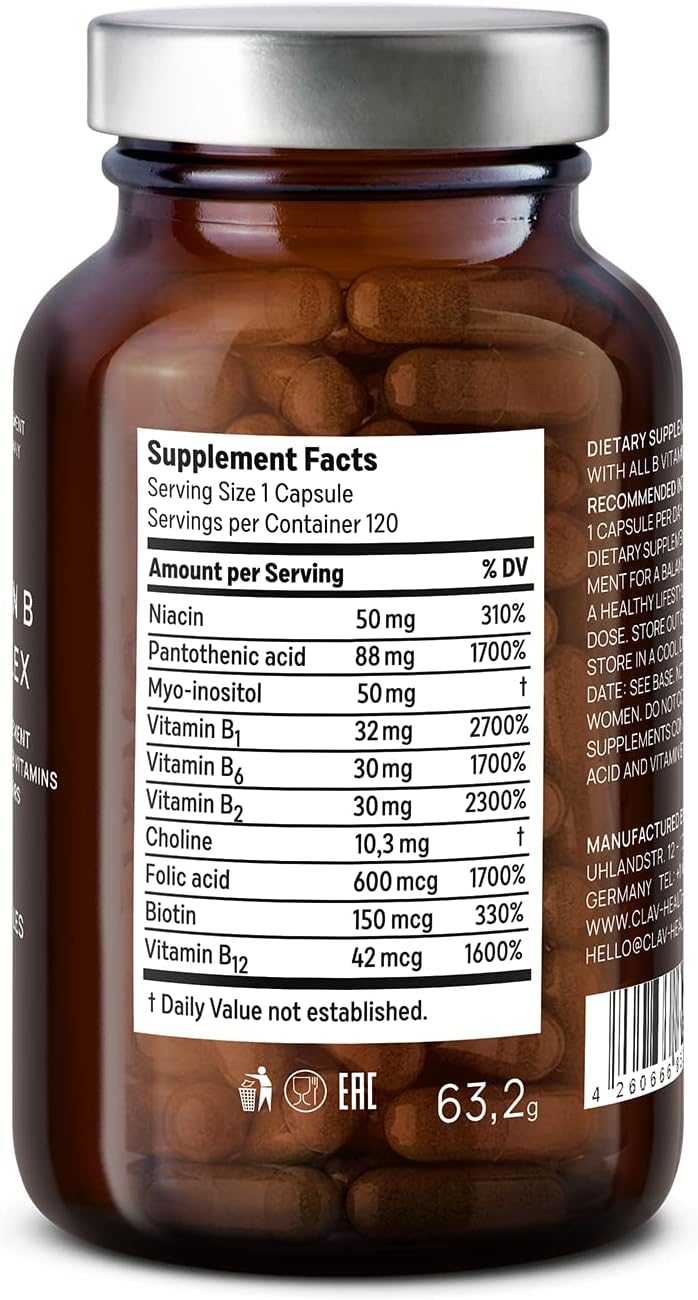 CLAV Vitamin B Complex - 120 Cápsulas - Todas las 8 Vitaminas B con Cofactores Mio-Inositol y Colina - Contribuye al Metabolismo Energético - Vegano - Fabricado en Alemania