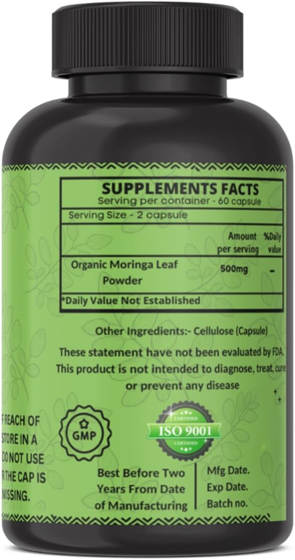 Cápsulas de Moringa Orgánica | Suplemento de Hojas de Moringa Verde para Energía, Metabolismo y Apoyo Inmunológico – 120 Cápsulas, Superalimento Natural