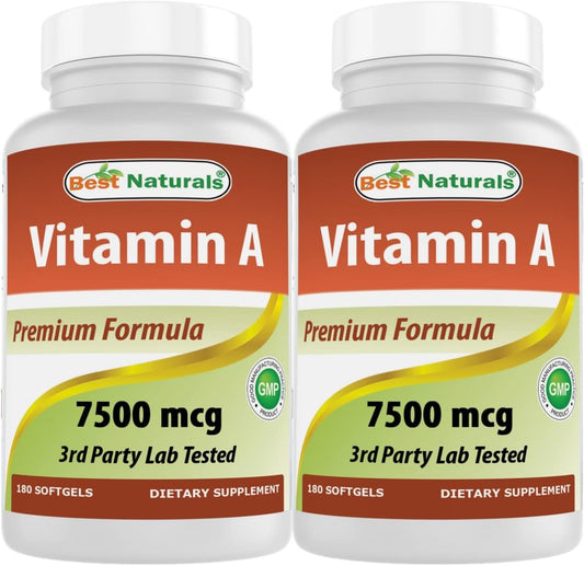 Best Naturals Vitamina A 25000 IU (7500 mcg) - 180 Cápsulas Blandas, Pack de 2