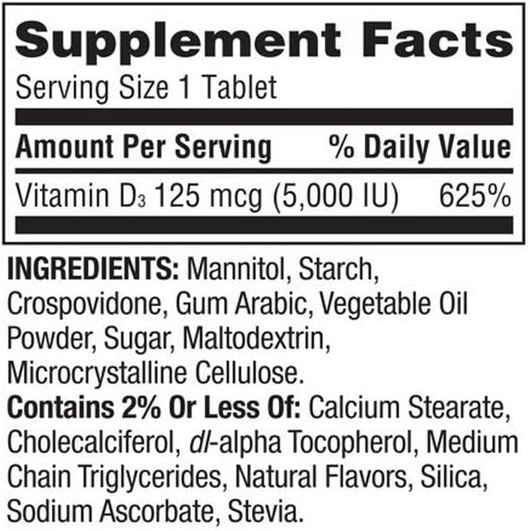 Spring Valley Extra Strength Vitamina D3 Comprimidos Sublinguales, 125 mcg (5000 IU), Sabor Fresa, 90 unidades