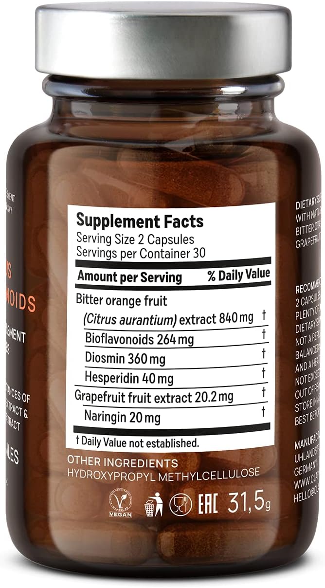 CLAV Bioflavonoides Cítricos - Suplemento Vegano de Flavonoides de Naranja Amarga y Pomelo - 60 Cápsulas - Hecho en Alemania