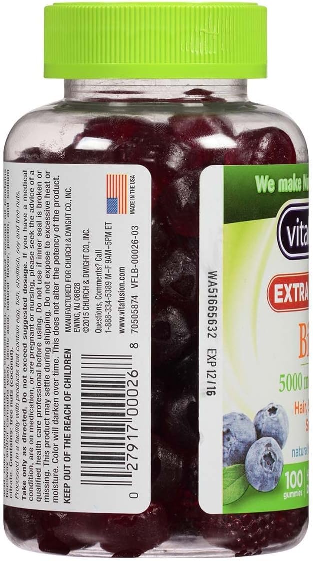Vitafusion Biotina 5000 mcg Gominolas, Extra Strength, Sabor Natural a Arándano, 100 uds (Pack de 3)