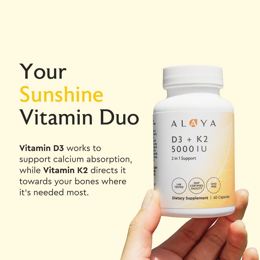 Alaya Naturals Vitamina D3 K2 MK-7 – 5000 IU D3, 50 mcg K1, 15 mcg K2 – 60 Cápsulas Vegetales