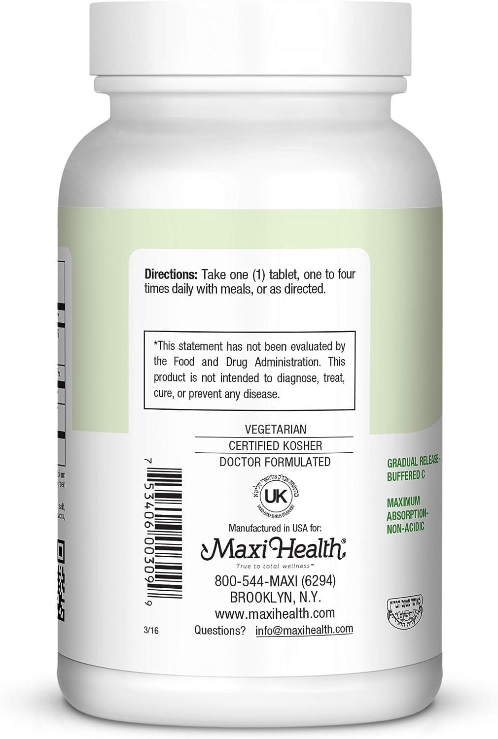 Maxi Health Vitamina C 1050mg – Buffered C Complex con Ascorbato de Calcio y Bioflavonoides – Liberación Prolongada – 90 Tabletas