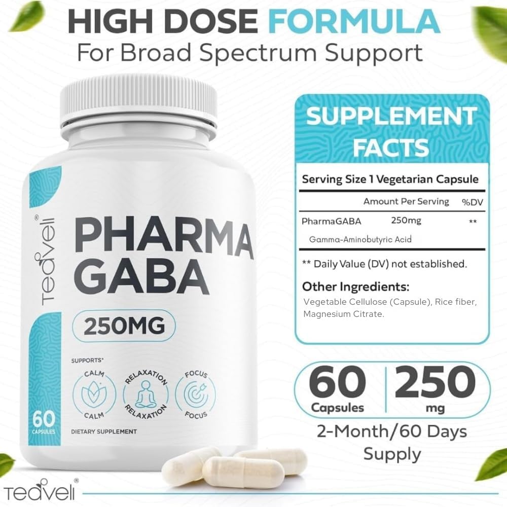 Teaveli Pharma GABA 250mg - Suplemento de GABA de Alta Absorción - 60 Cápsulas