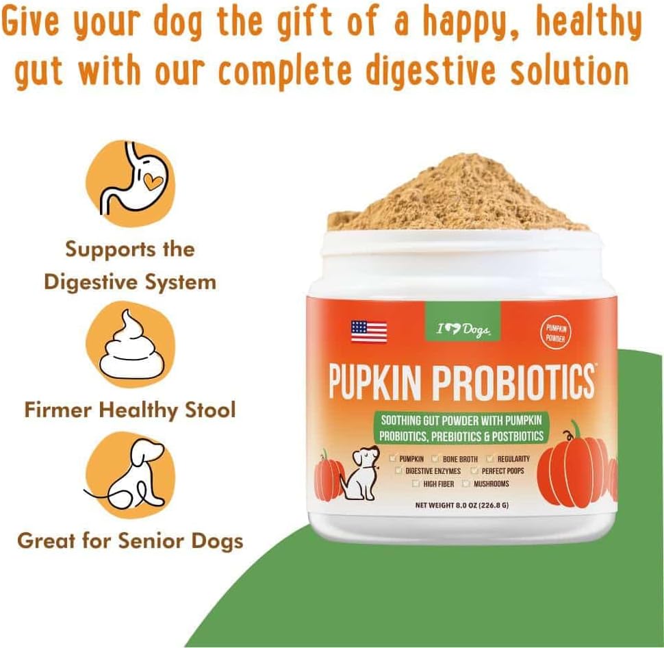 iHeartDogs Pupkin Probióticos, Prebióticos, Postbióticos y Fibra para Perros con Calabaza, Caldo de Huesos y Setas