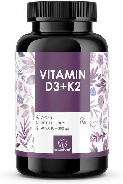 naturalkraft Vitamina D3 + K2 20.000 UI + 200 mcg Depot, 180 Cápsulas Veganas – Image 1