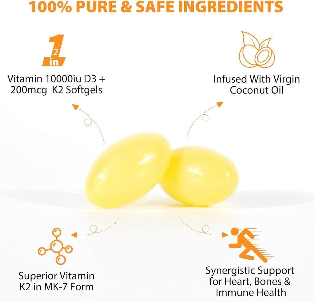 Vitamina D3 K2 10000 UI + 200 mcg MK-7, 120 Softgels - flasture