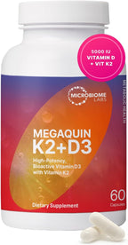 Microbiome Labs MegaQuin D3 + K2 - Vitamina D3 5000 UI y K2 MK-7 - 60 Cápsulas