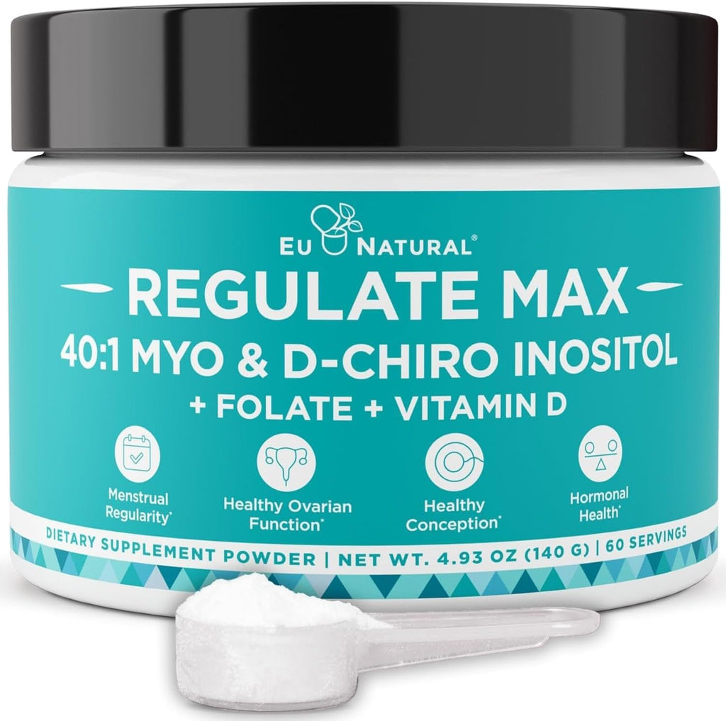 Regulate MAX Myo-Inositol y D-Chiro Inositol en Polvo para Mujeres con Vitamina D y Folato, sin Sabor, 60 porciones
