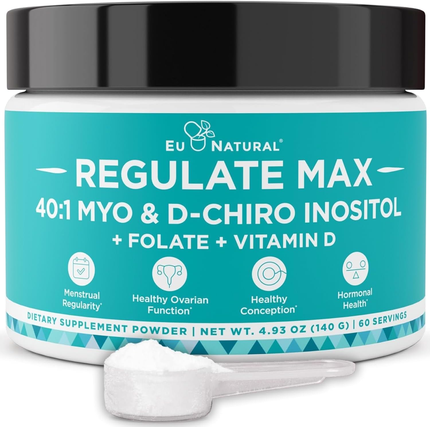 Regulate MAX Myo-Inositol y D-Chiro Inositol en Polvo para Mujeres con Vitamina D y Folato, sin Sabor, 60 porciones