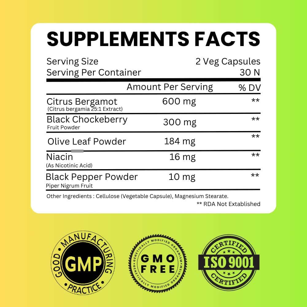 Citrus Bergamot 1110mg | 5-en-1 Fórmula Cardiovascular con Niacina | 60 Cápsulas Veganas