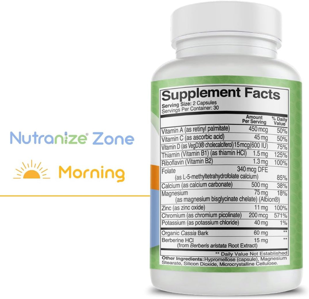 Nutranize Zone Complemento de Calcio, Magnesio Glicinato, Vitamina D3, K2 MK7, Metilfolato, Berberina, Cromo Picolinato, Canela, Melatonina (Pack Doble)