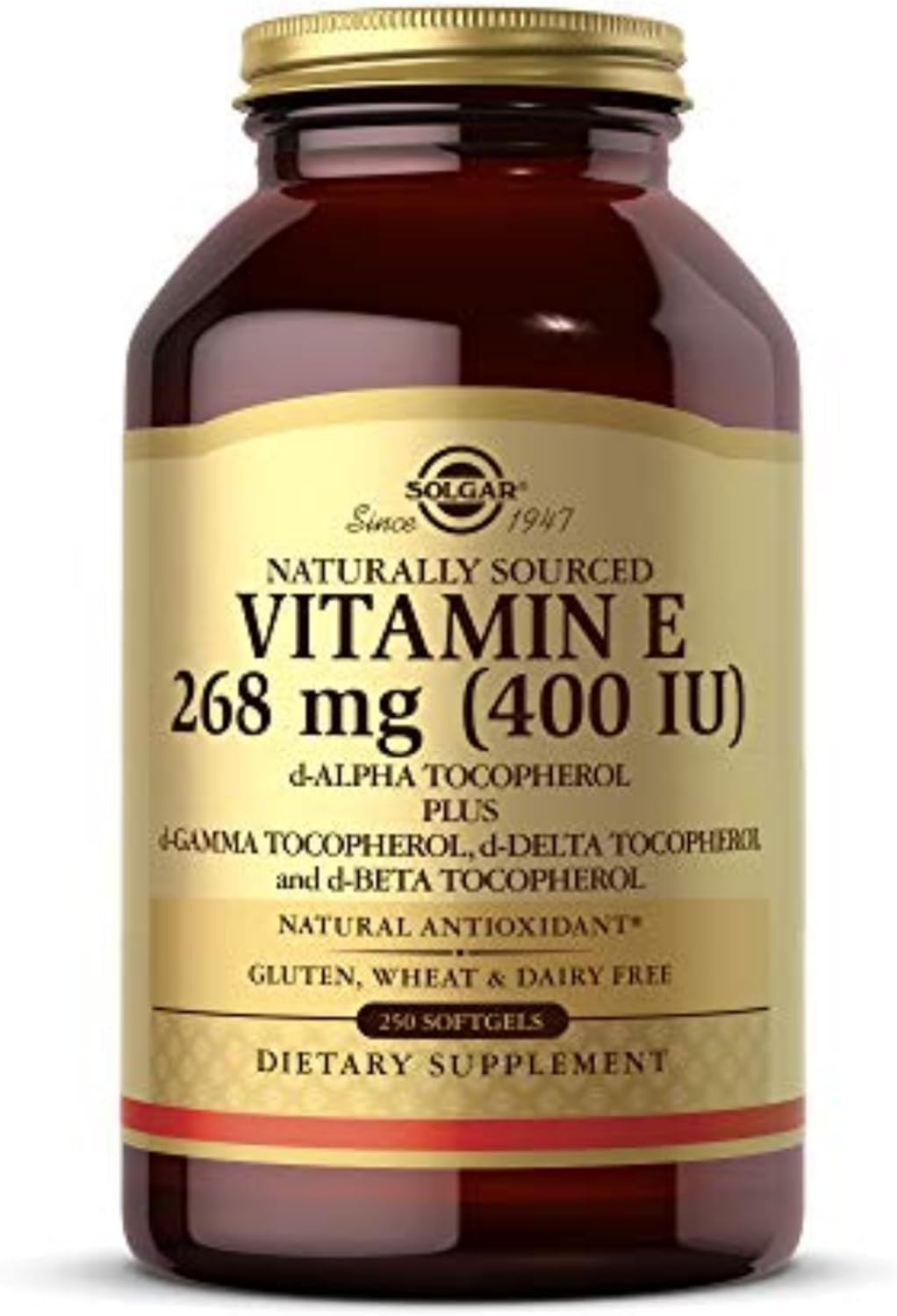 Solgar Vitamin E 268 mg (400 IU), 250 Softgels - Natural Antioxidant, Skin & Immune Support - Naturally Sourced Vitamin E - Gluten-Free, Dairy-Free - 250 Servings