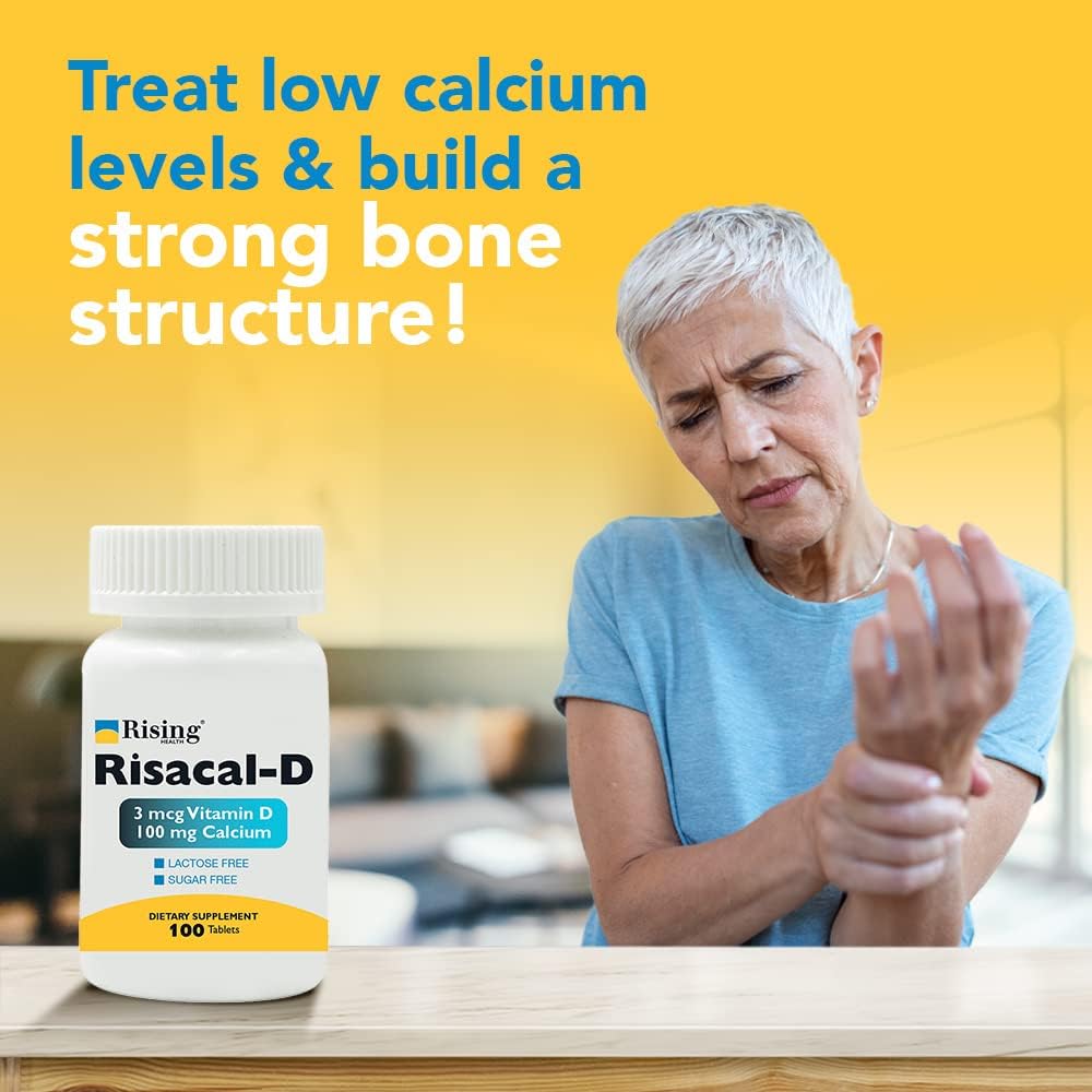 Rising Health Risacal-D Calcio, Vitamina D3 y Fósforo - Suplemento Alimenticio para Huesos y Músculos - 100 Comprimidos