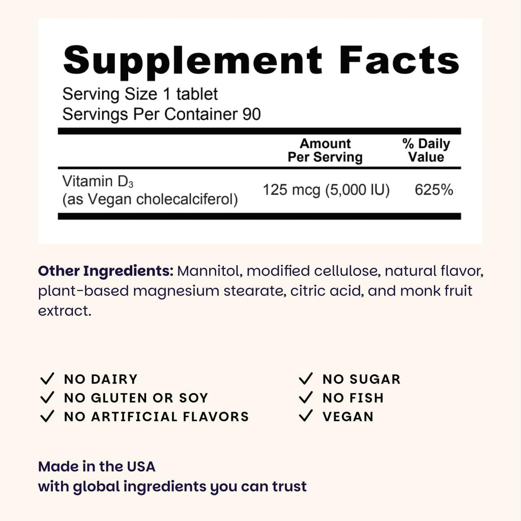 EZ Melts Vitamina D3 5000 IU Vegana - 90 Comprimidos Disolubles Sabor Manzana Verde - Sin Gluten, No-GMO