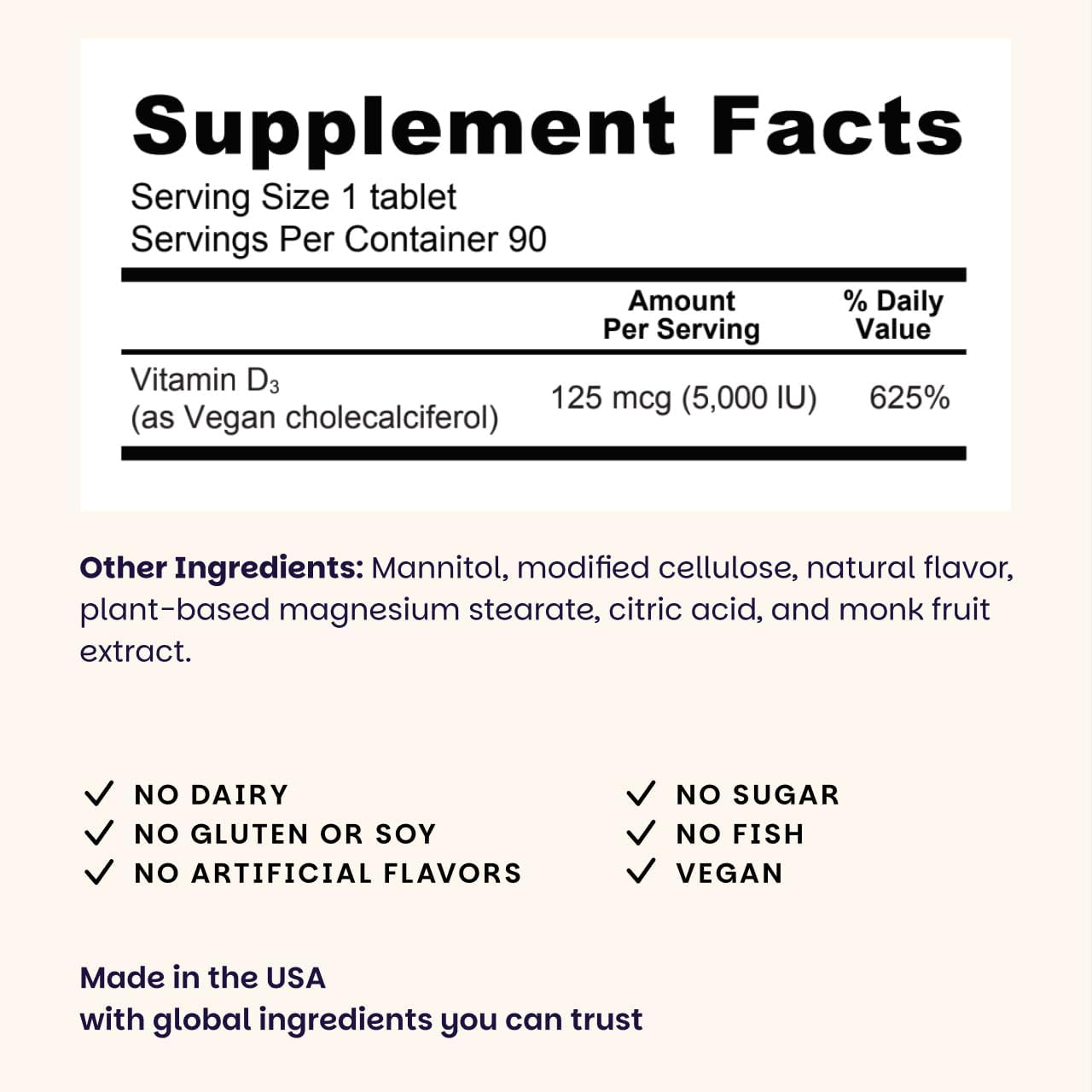 EZ Melts Vitamina D3 5000 IU Vegana - 90 Comprimidos Disolubles Sabor Manzana Verde - Sin Gluten, No-GMO
