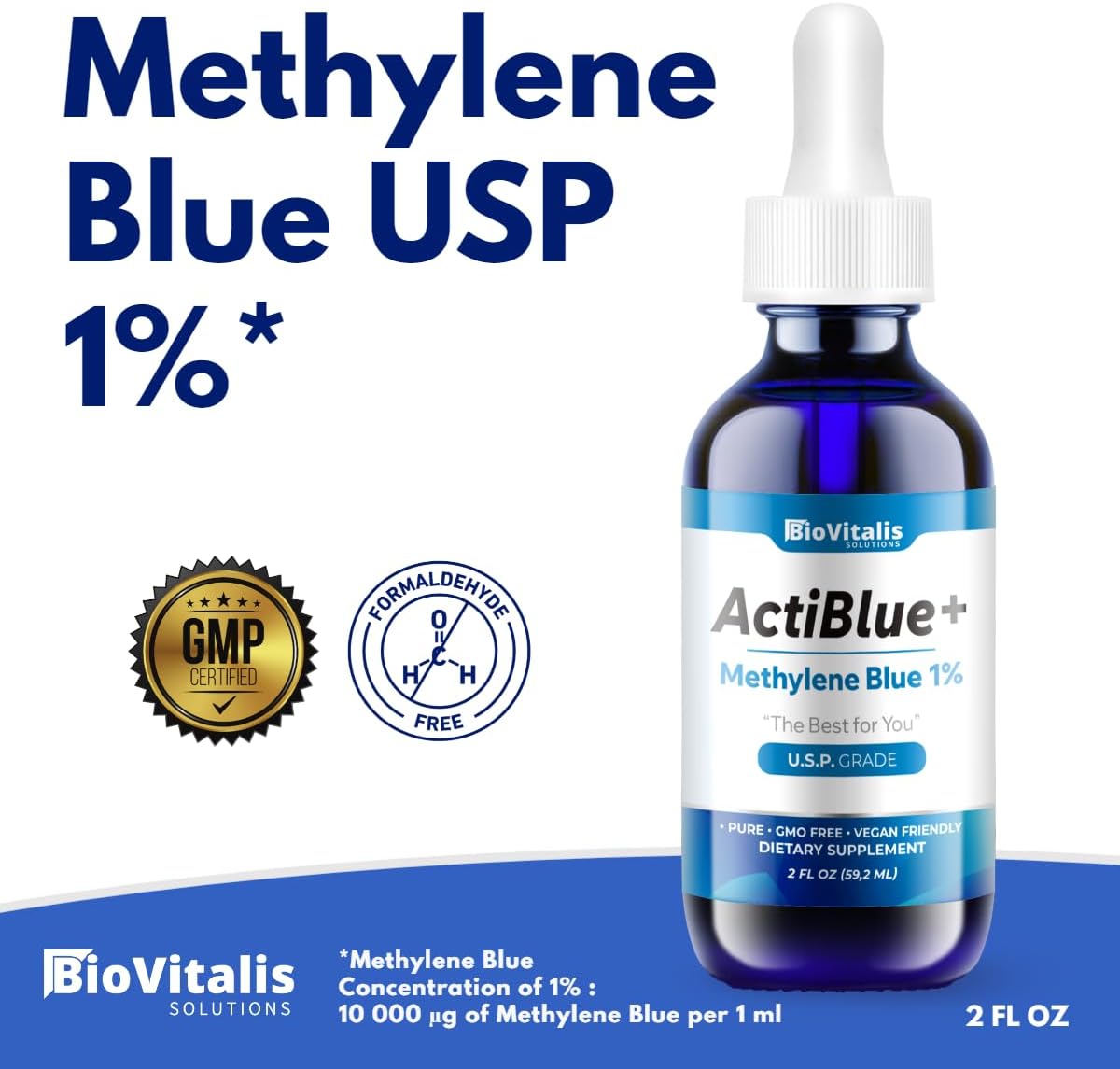 Actiblue+ Azul de Metileno 1% – 99,9% Pureza, Certificado por Laboratorio ISO, Sin Formaldehído, Sin Alcohol, Sin Gluten y Sin OGM (60 ml)