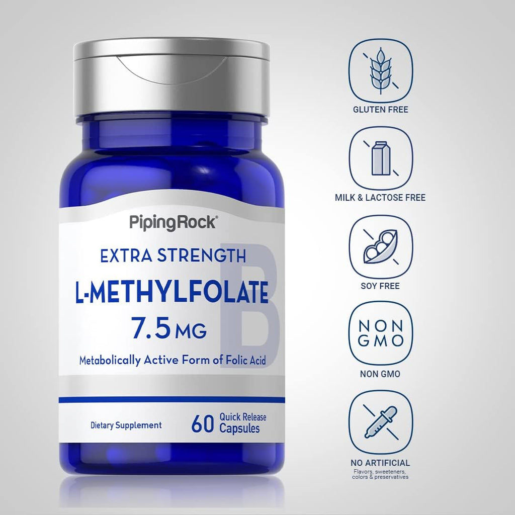 Piping Rock L-Methylfolate 7.5 mg | 60 Cápsulas | Complemento de Potencia Extra | Ácido Fólico Activo | Non-GMO, Sin Gluten