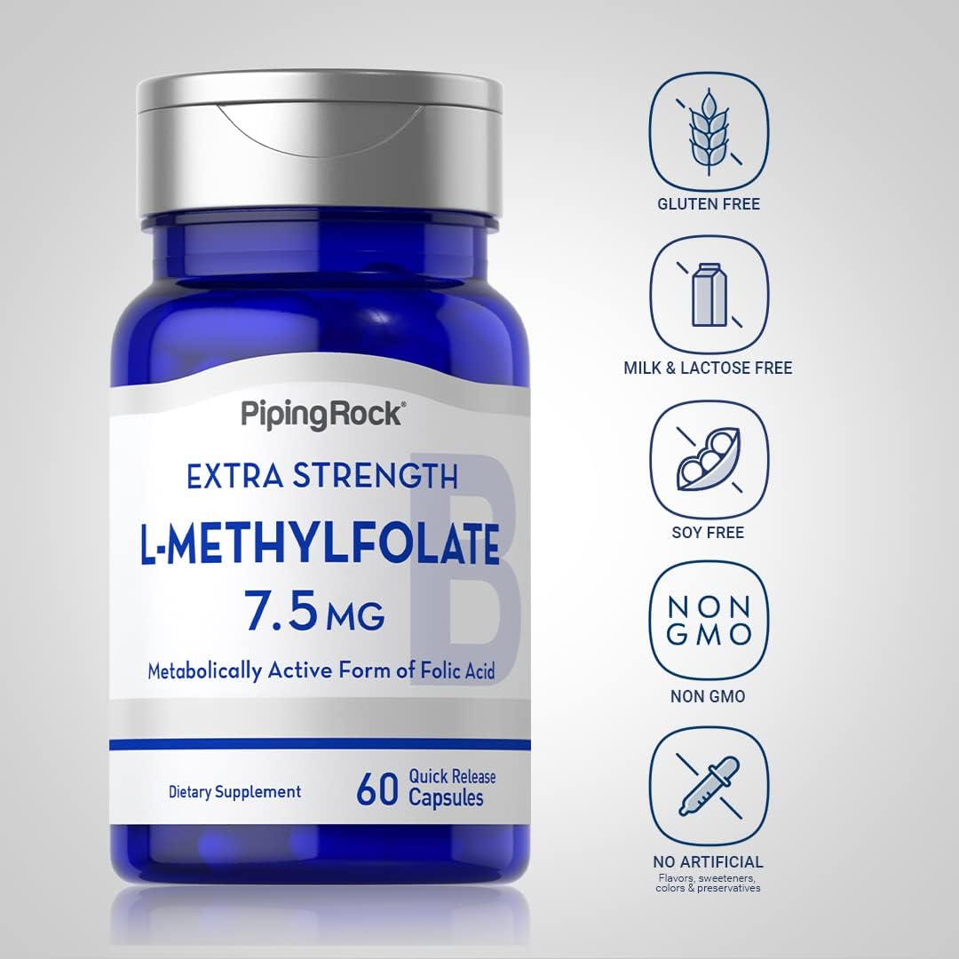 Piping Rock L-Methylfolate 7.5 mg | 60 Cápsulas | Complemento de Potencia Extra | Ácido Fólico Activo | Non-GMO, Sin Gluten