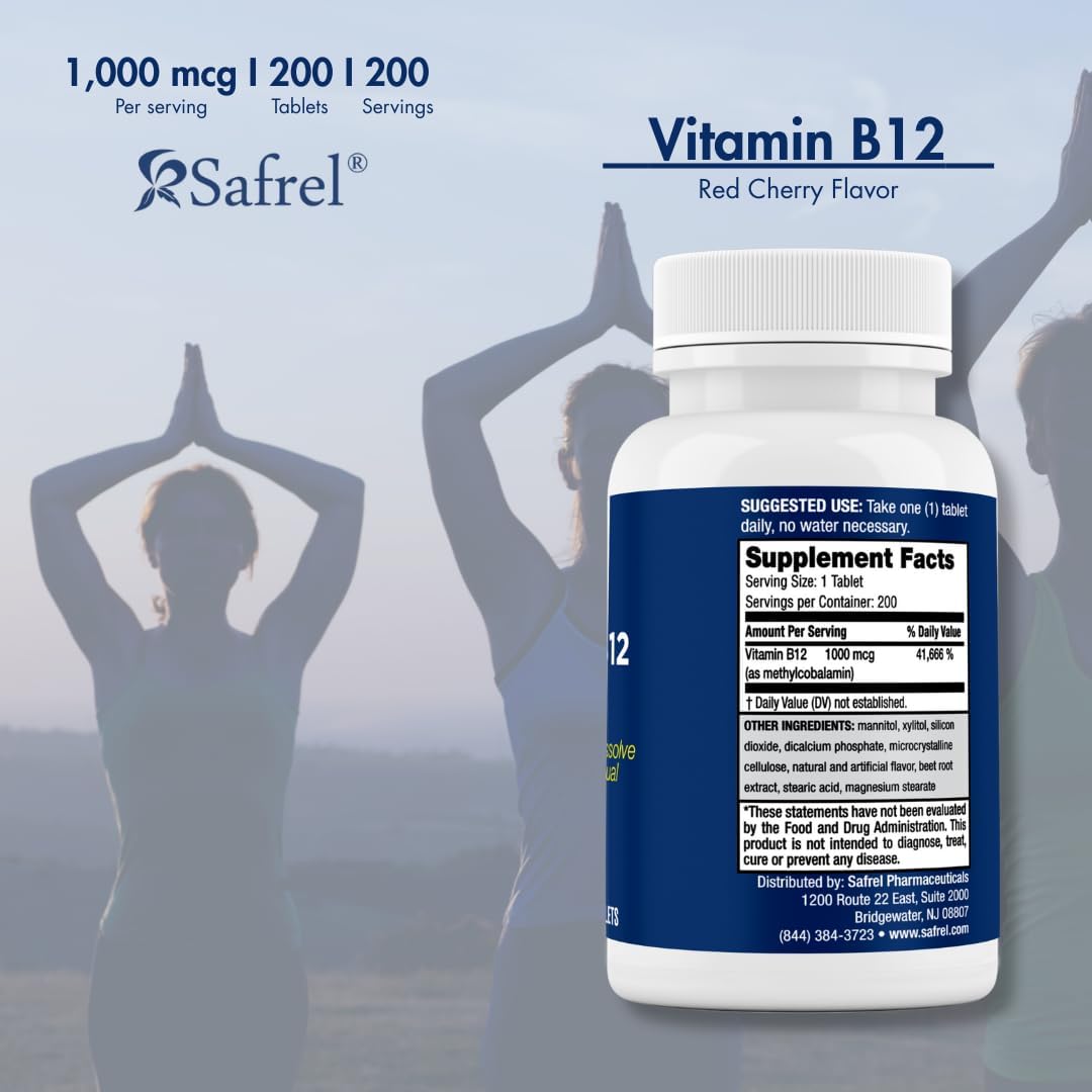 Safrel Vitamina B12 Metilcobalamina 1000 mcg | Comprimidos Sublinguales de Disolución Rápida | Sabor Cereza | 200 Unidades