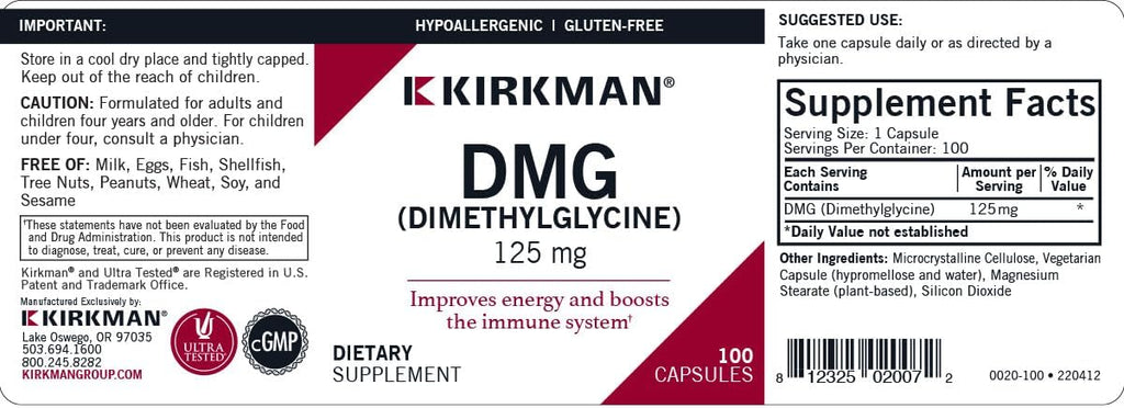 Kirkman DMG (Dimetilglicina), 125 mg, 100 Cápsulas