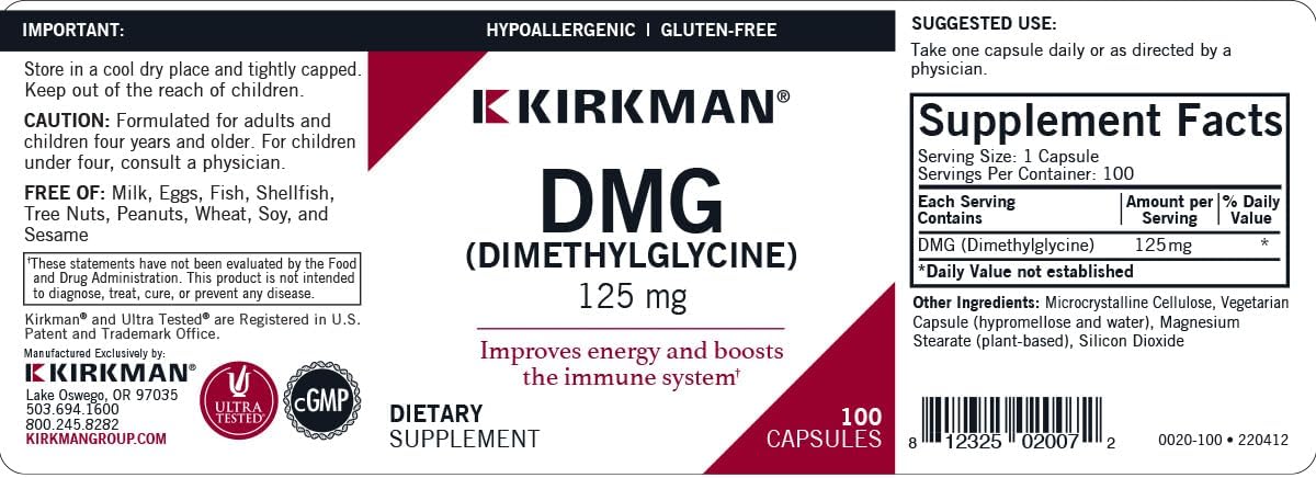 Kirkman DMG (Dimetilglicina), 125 mg, 100 Cápsulas