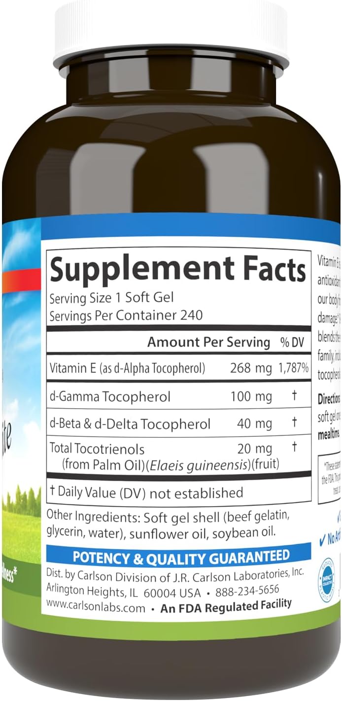 Carlson E-Gems Elite, 400 UI Vitamina E con Tocoferoles y Tocotrienoles, 240 Cápsulas Blandas