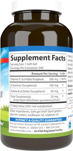Carlson E-Gems Elite, 400 UI Vitamina E con Tocoferoles y Tocotrienoles, 240 Cápsulas Blandas