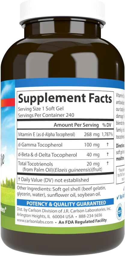 Carlson E-Gems Elite, 400 IU Vitamina E con Tocoferoles y Tocotrienoles, 240 Cápsulas Blandas – Image 2