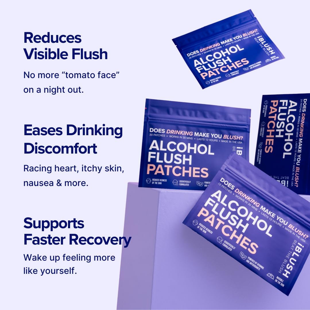 iBLUSH Parches para el Rubor Alcohólico – Soporte Discreto ante el Enrojecimiento y Malestar al Beber | Opción No Ingerible para el Asian Glow | 12 Parches