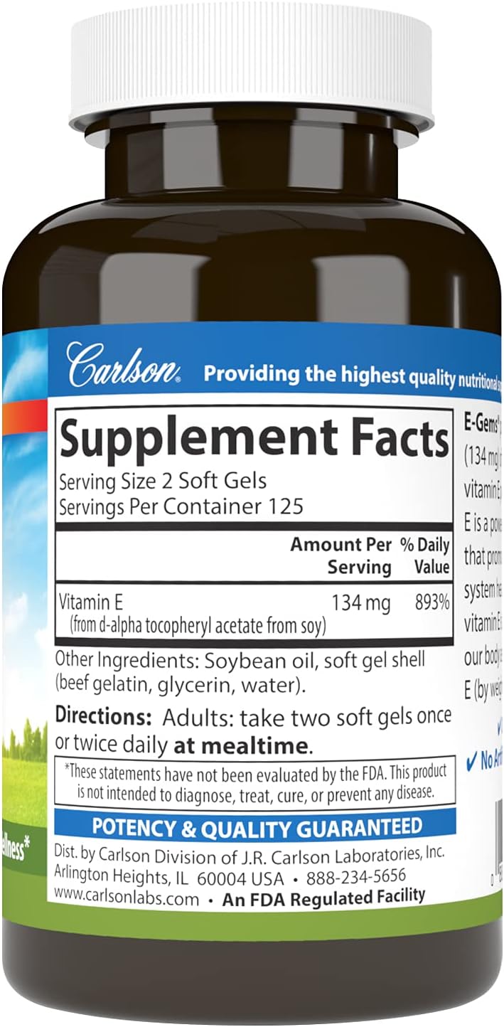 Carlson E-Gems 200 UI (134 mg), Vitamina E de Origen Natural, 250 Cápsulas Blandas