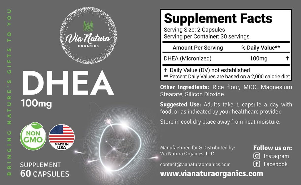 DHEA 100mg | Suplemento Non-GMO y Sin Gluten | 60 Cápsulas