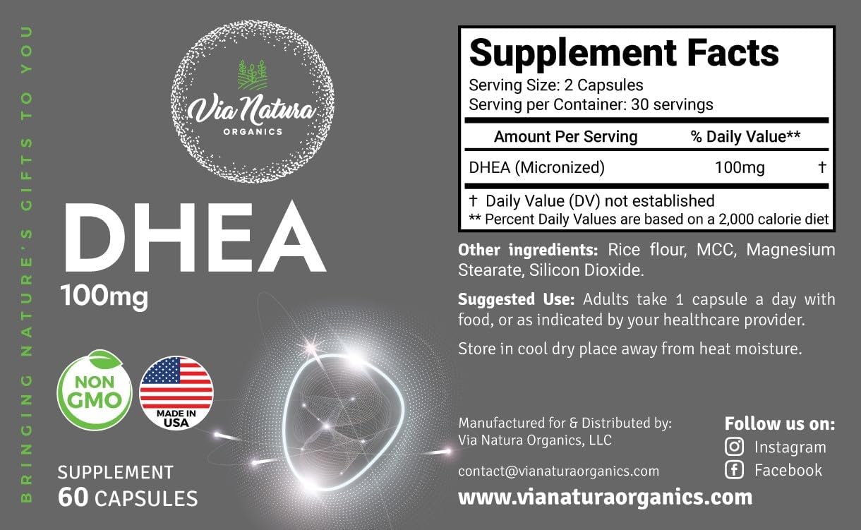 DHEA 100mg | Suplemento Non-GMO y Sin Gluten | 60 Cápsulas