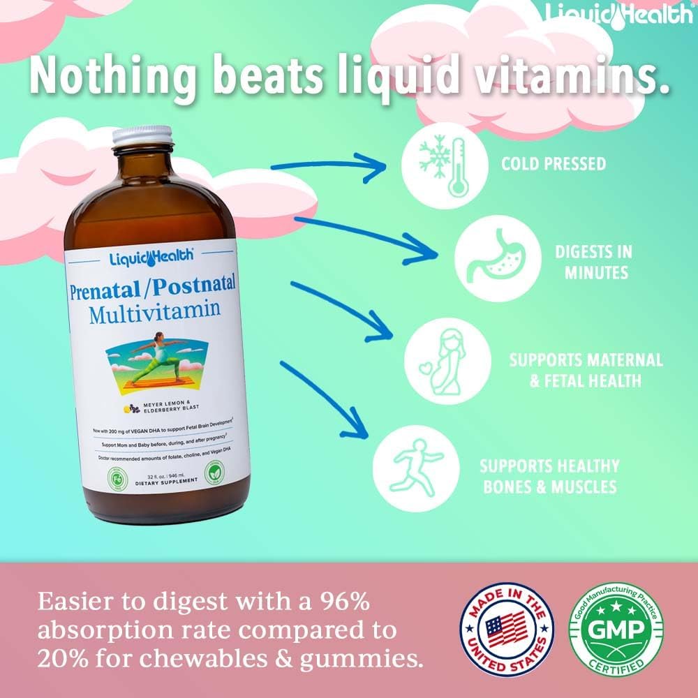 LIQUIDHEALTH Prenatal/Postnatal Multivitamínico Líquido con Folato Real - 2 Paquetes