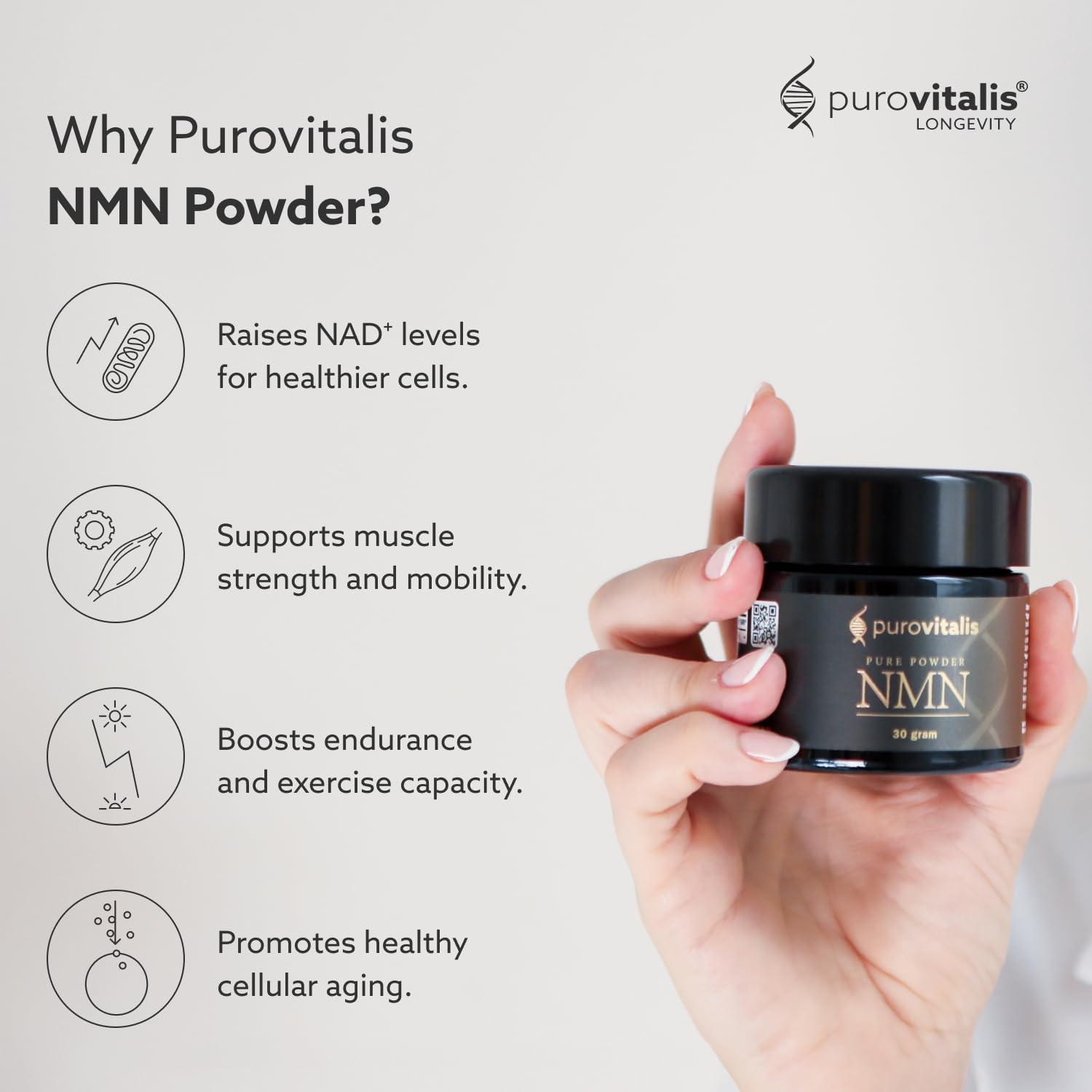 PUROVITALIS NMN en Polvo 99% Puro - Suplemento de Nicotinamida Mononucleótido para NAD+, Salud Celular y Energía - 30g (2 meses)